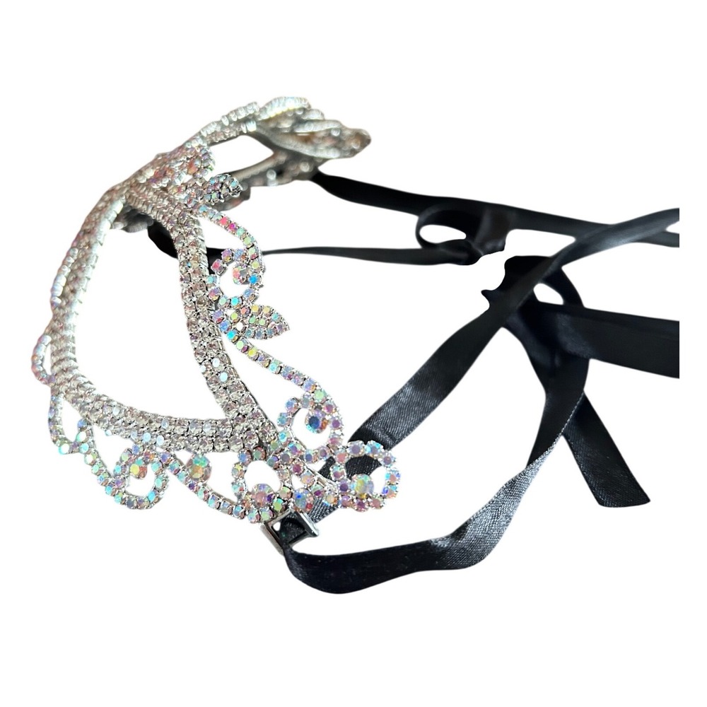 Rhinestone Masquerade Mask Iridescent AB Crystal Filigree Eye Mask Prom Party - Picture 2 of 4